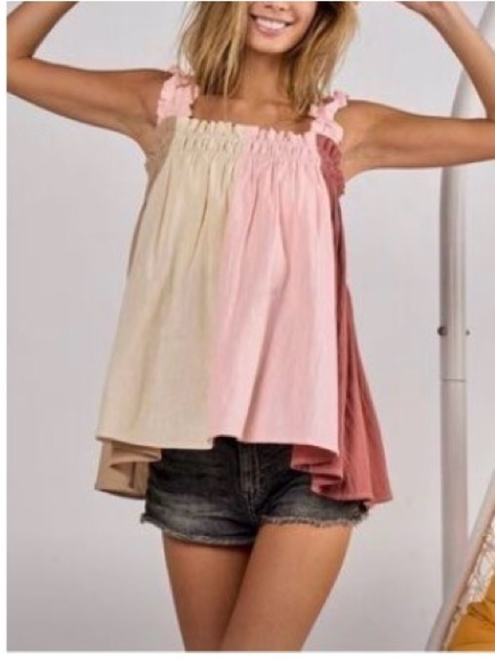 BiBi Ruffle Strap Colorblock Tank in Peach, Cream & Brown